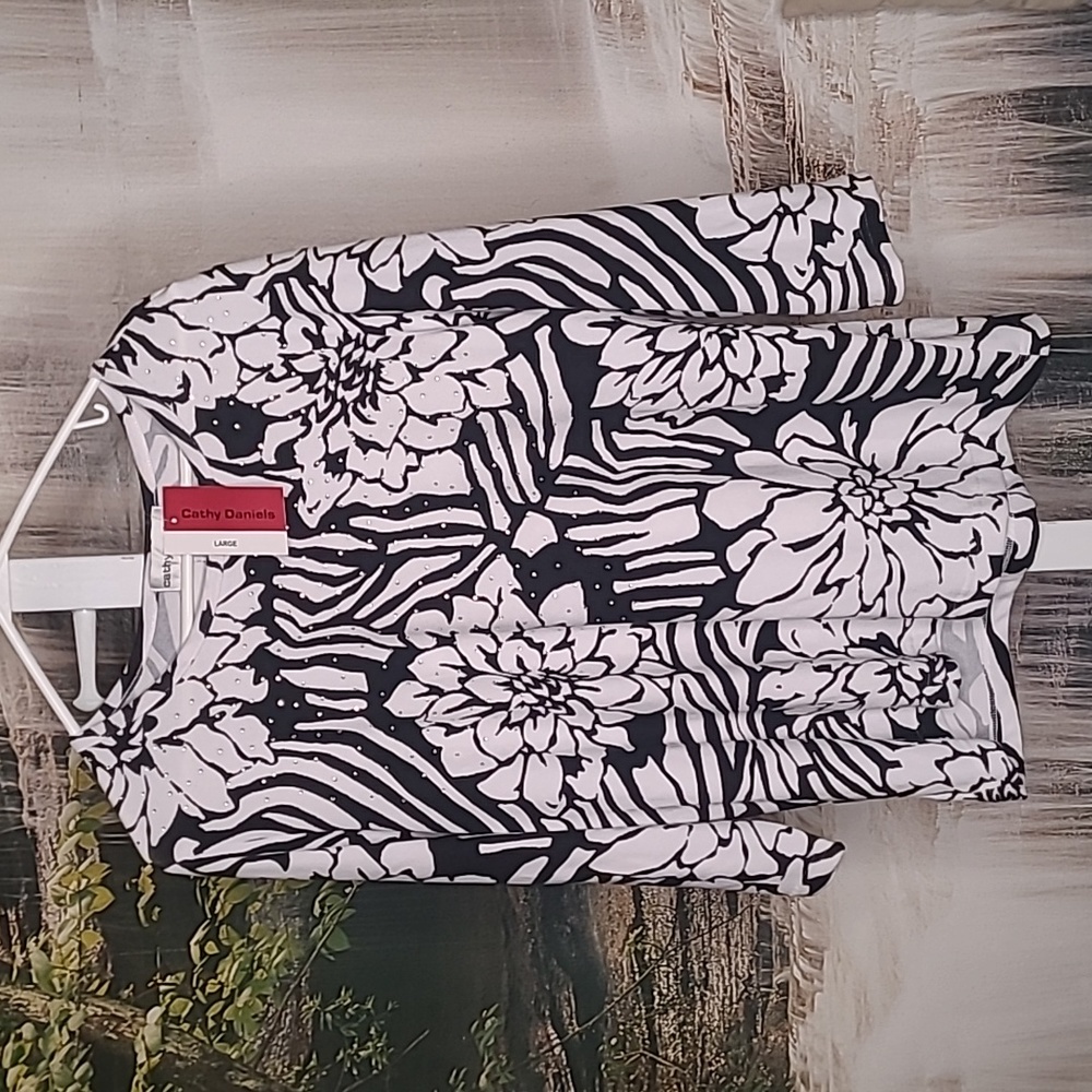 New! Cathy Daniels Womens Large stretchy black white sparkly floral blouse